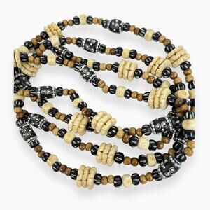 Vintage Beaded Necklace Wood Acrylic Carved Brown Beige Long Continuous Strand